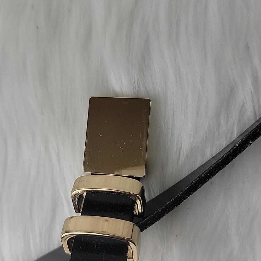 J.CREW Black Leather Gold Colored Hardware Plate Style Buckle Office Casual Belt - Picture 8 of 14
